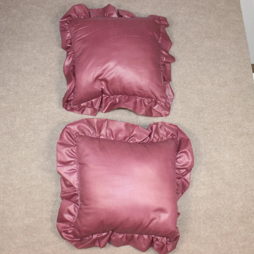 Vintage Mauve Satin Ruffled Throw Pillows Set of 2 Square Decorative Accent Rose